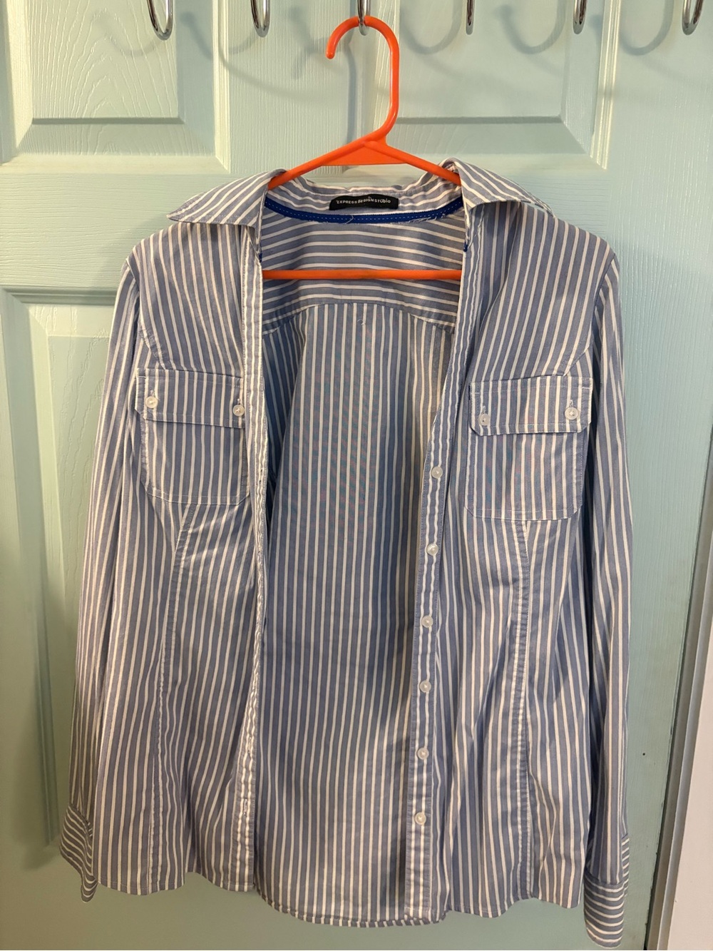 Express Blue and White Vertical Stripe Button-Down Shirt